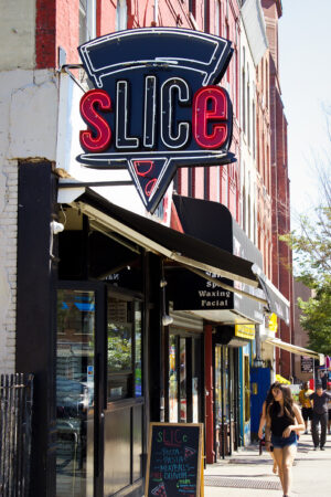 Slice is a modern pizza shop near the Cardinal Building