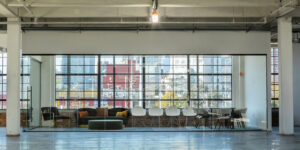 Windows in the shared commercial office space at the Cardinal Building