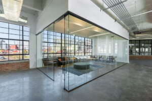 Inside the Cardinal building is a Glass-walled conference room