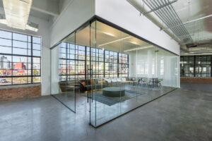 Inside the Cardinal building is a Glass-walled conference room